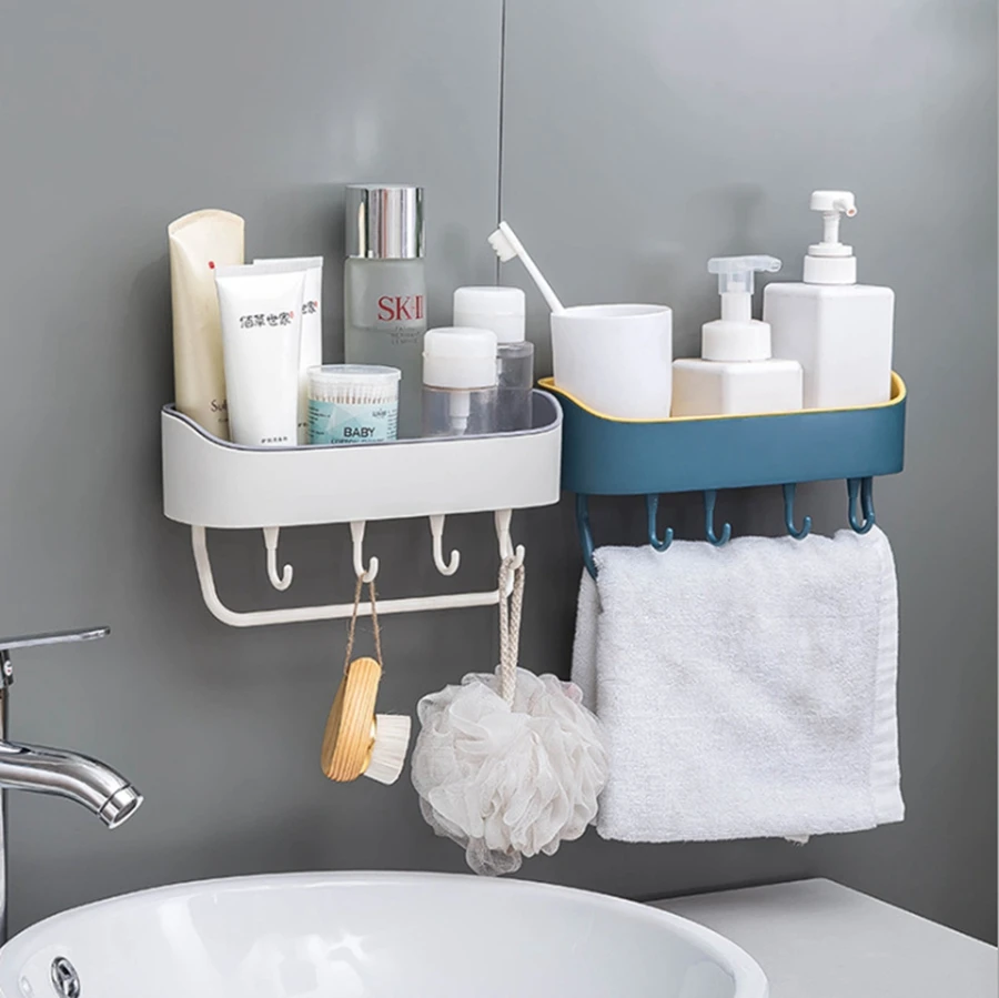 

1 Pcs Bathroom Storage Shelf Seamless Sticky Drain Rack Soap Detachable Storage Rack With 4 Hooks For Bathroom Kitchen 4 Colors