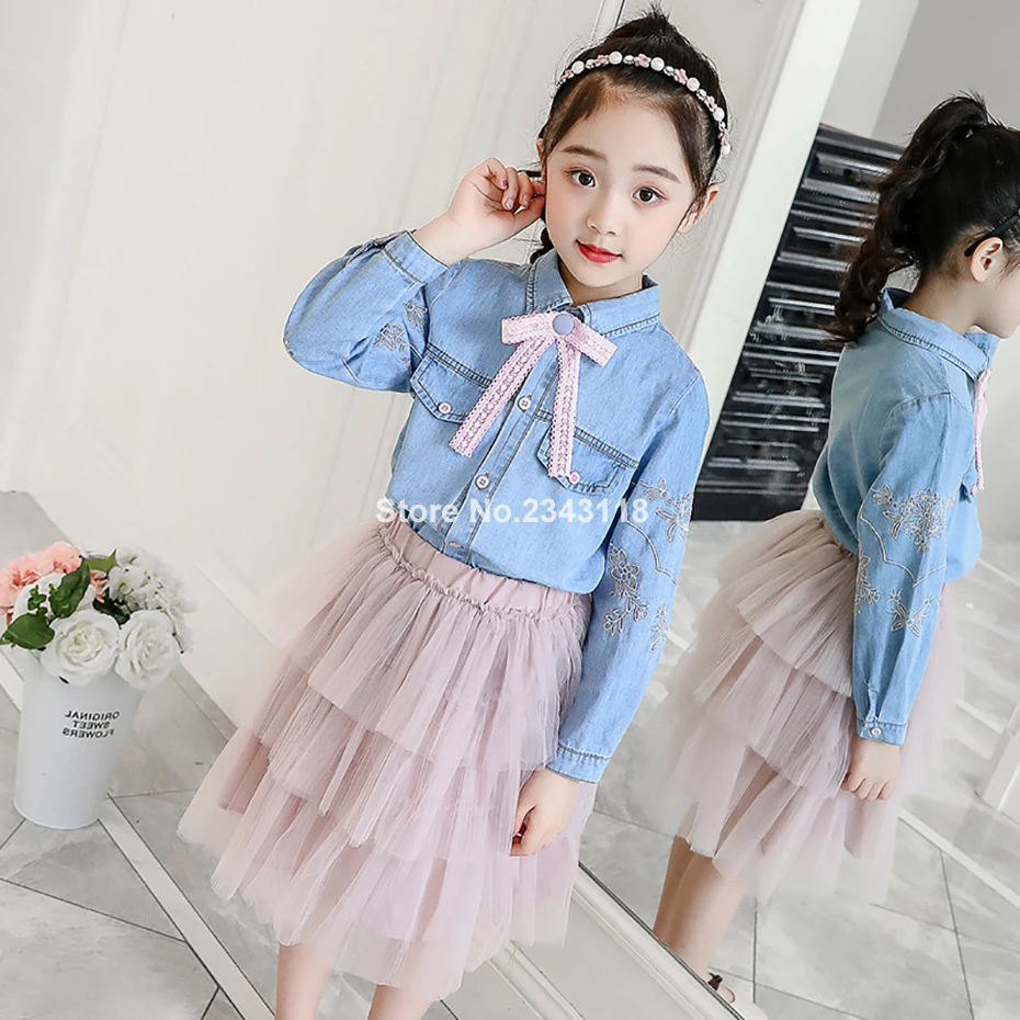

Spring Girls Clothes Set 2019 Set Girls Denim Kids Clothes Set 6 8 12 Years Blouse+mesh Skirt 2 Pcs Girl Clothing For Teenage