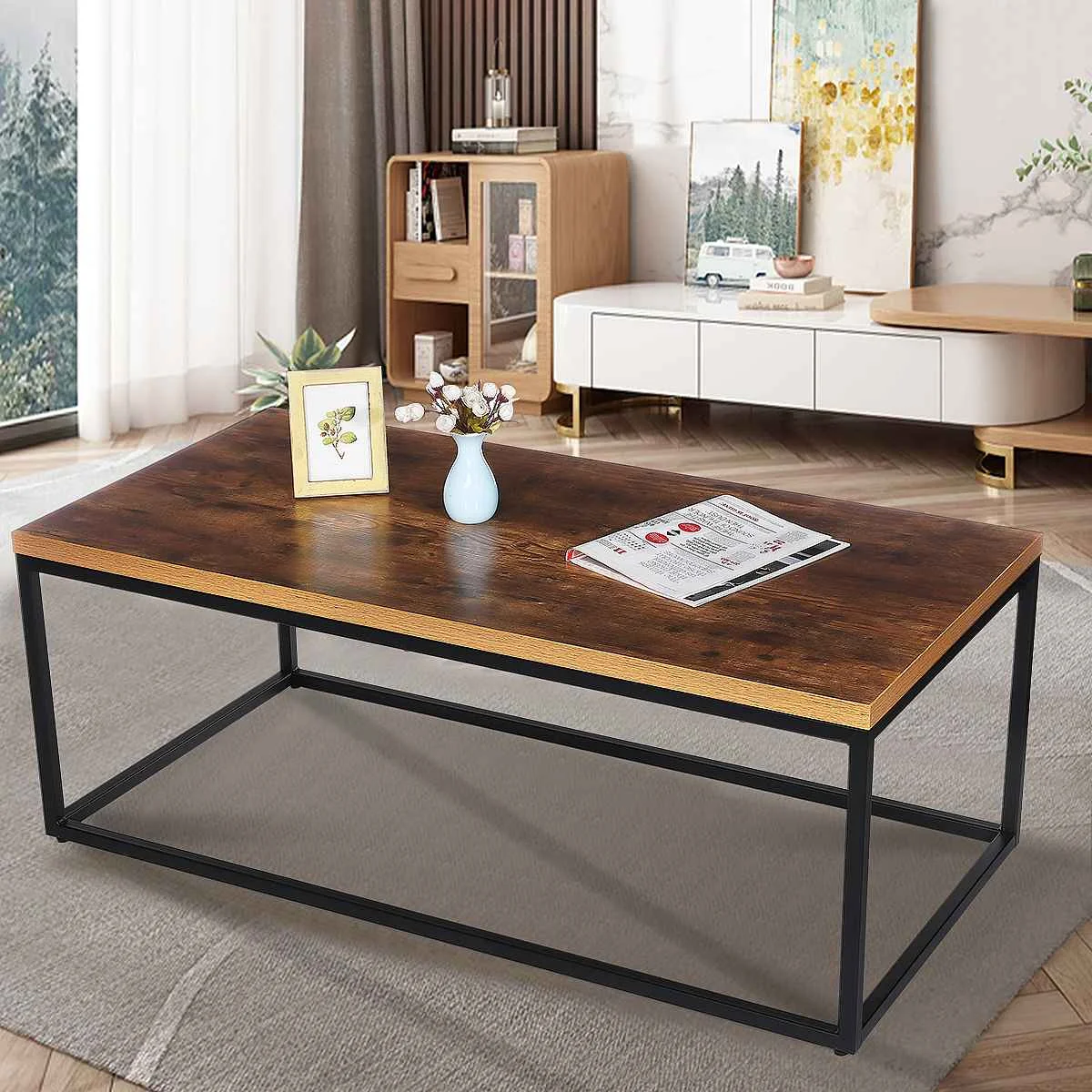 

Modern Industrial Coffee Table Wood and Metal Frame Living Room Tea Table Laptop Desk