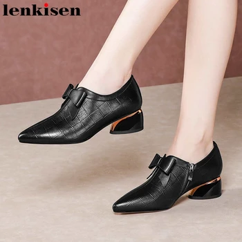 

Lenkisen limited customization handmade leisure shoes women natural leather pointed toe med heel bowtie deep mouth zip pumps L17