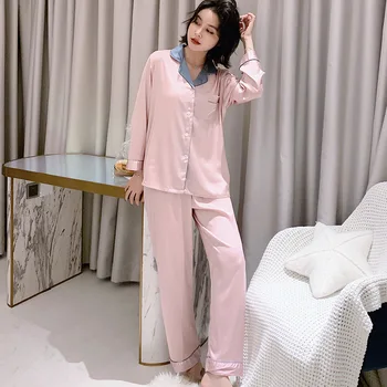 

Pajamas Women's Long-sleeved Thin Section Solid Color Home Clothing Two-piece Suit Autumn and Winter Plus Size Sleepwear