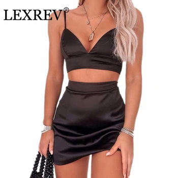 

Sexy 2 Piece Set Women Clothing Two Piece Set Cropped Tops Satin Mini Skirt Set Slim Two Piece Club Outfits