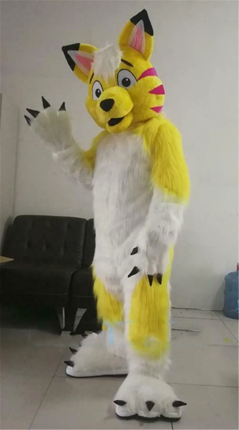 

Long Fur Yellow Husky Mascot Costume Cute Dog Mascot Fursuit Cosplay Party Carnival Unisex Adult Size Role-playing Gift Suit