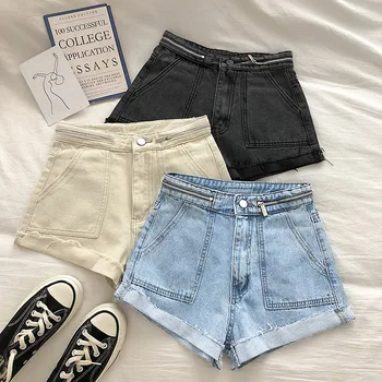 

big pocket women denim shorts 2020 summer new zipper high waist solid wide leg female casual home wear shorts top quality