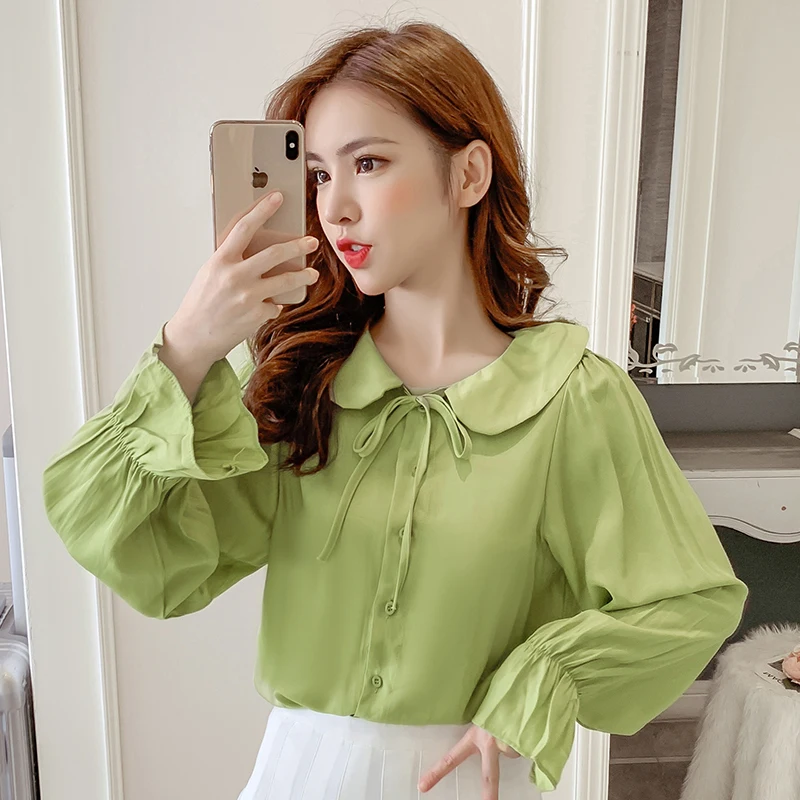

COIGARSAM Cute Full Sleeve Shirt Womens tops New Spring Korea Style Office Lady Chiffon Solid Women shirts White Green 531