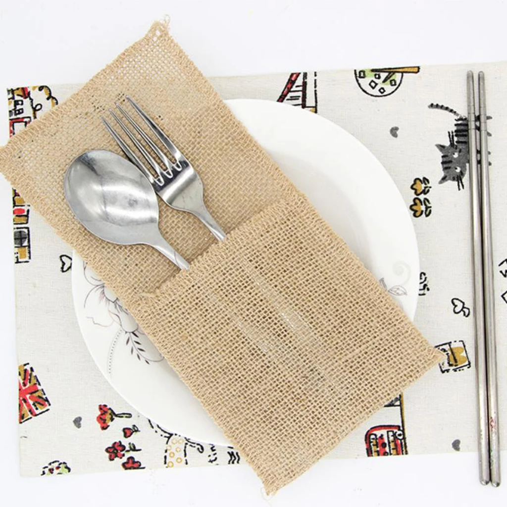 6pcs Natural Burlap Utensil Holders Knifes Forks Bag Cutlery Pouch Bags