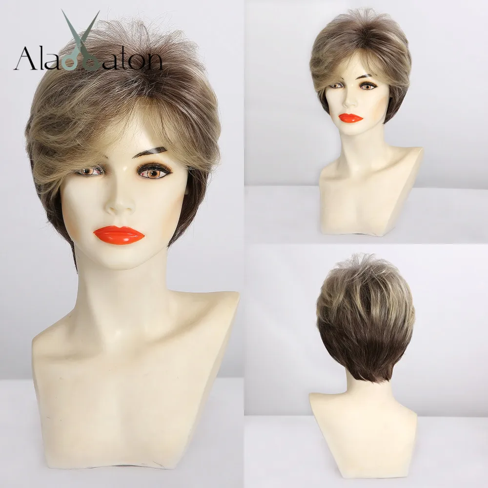 

ALAN EATON Ombre Light blonde Brown Black Short Synthetic Hair Wigs for women Afro Haircut Puffy Pixie Cut Wigs Heat Resistant