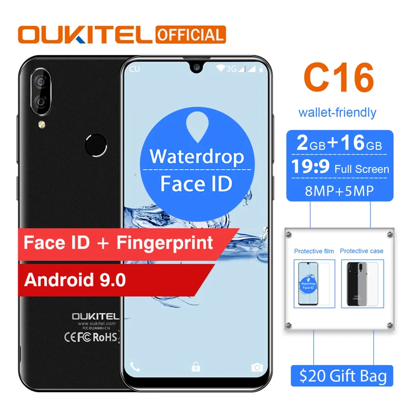 OUKITEL C16, 5,71 дюйма, HD+ 19:9, дроп, смартфон, отпечаток пальца, Android 9,0, мобильный телефон MT6580P, 2 Гб ram, 16 ГБ rom, 2600 мАч, разблокировка