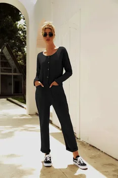 

Women Fashion Ladies Stylish Solid Color V Neck Long Sleeve Buttoned Pocket Docer Casual Fitted Long Rompers Jumpsuits