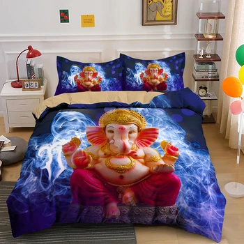 

Lord Ganesha Bedding Set Elephant God Sculptures Ganesh Duvet Cover Sing Double Twin King Queen Buddha Statue With PIllowcase