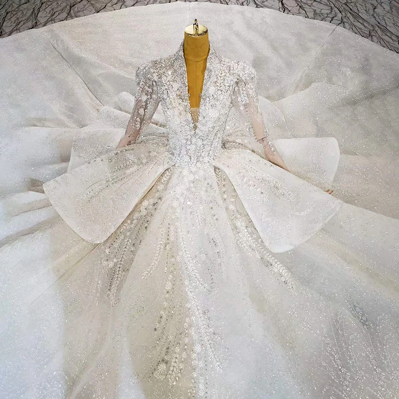 HTL2001 Elegant Extravagant Sequin Crystal Pearls Wedding Dress 2020 V-Neck Long Sleeve Lace Up Back 4