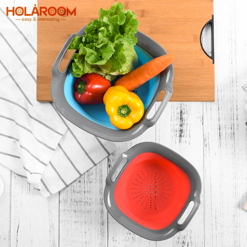 

Vegetable Fruits Folding Drain Baskets Collapsible Colander Practical Silicone Foldable Strainer With Handle Kitchen Tools