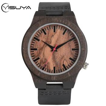 

YISUYA Retro Coffee Dial Wood Watch Men's Watches Quartz Clock Male Black Genuine Leather Watchband reloj masculino Clock Gifts