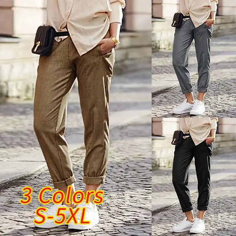 

Women's Pants 2019 Fashion Casual Solid Long Trousers Ladies Elastic Waist Work Pants Loose Pockets Streetwear Pantalones Mujer