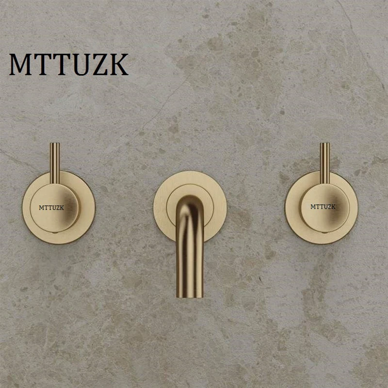 

Смеситель для раковины MTTUZK, Матовый Золотой смеситель для раковины горячей и холодной воды черного цвета, настенный Скрытый кран для раковины с 3 отверстиями