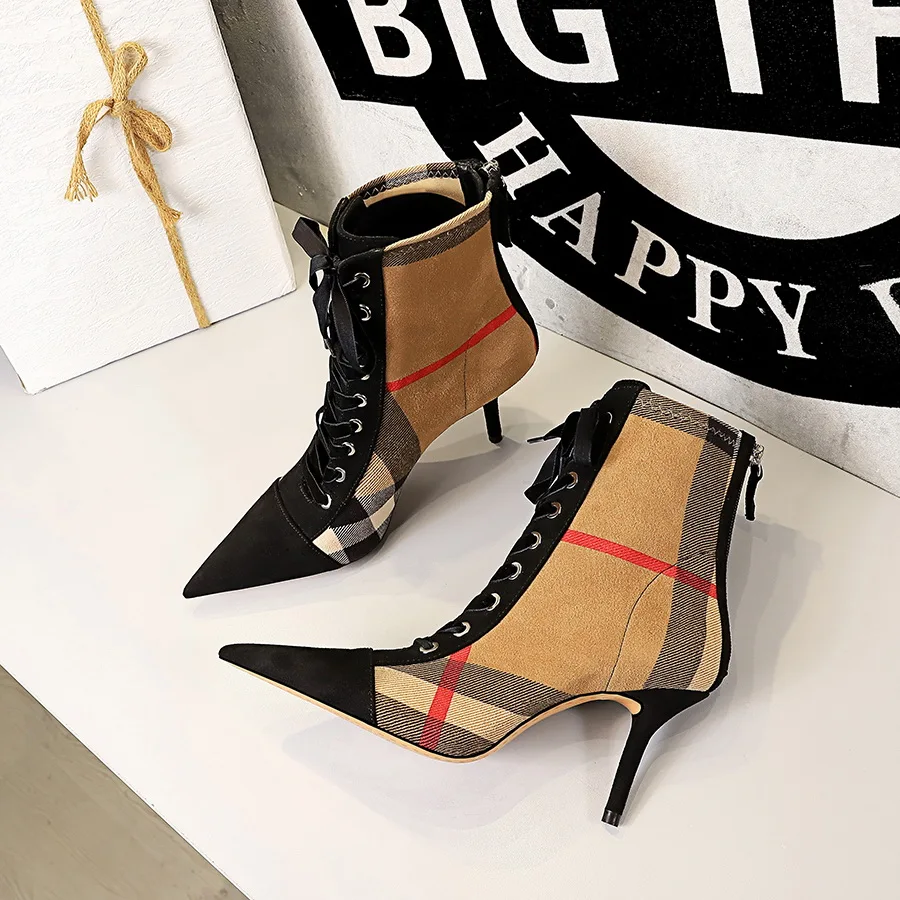 BIGTREE 2022 Winter Ankle Women Boots Fashion Slim Heel High Heel Pointed Plaid Plaid Lace up Fashion Cross Strapping Boots