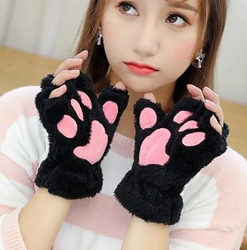 

Cartoon Cute Cat Claw Paw Gloves Women Plush Mittens Warm Soft Plush Short Fingerless Fluffy Bear Cat Gloves Costume Half Finger