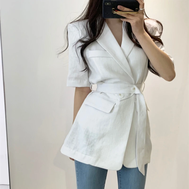 

2020 New Summer Vintage Women Elegant Short Sleeve Jacket Short Coats with belt thin coat