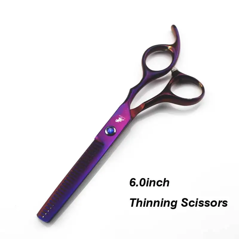 6.0inch professional scissors dog pet grooming polishing tool animal hair Cutting Scissors and Double tail curved scissors - Color: Purple Thinning