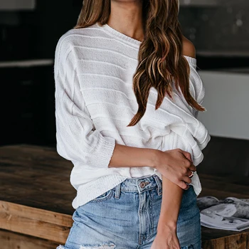 

Knitted Sweater 2020 Women Off Shoulder Top Pullover Loose Solid Long Sleeve Sweater Jumper Pull Femme Hiver Sweater