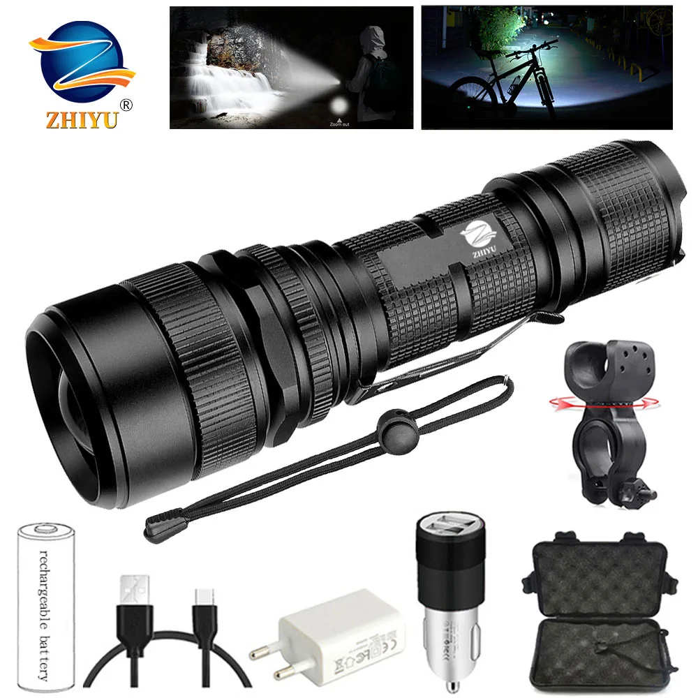 

ZHIYU High Power Rechargeable LED Flashlight XHP70 Tactical LED Torch with 26650 Battery LED Lantern for Camping Riding Hiking