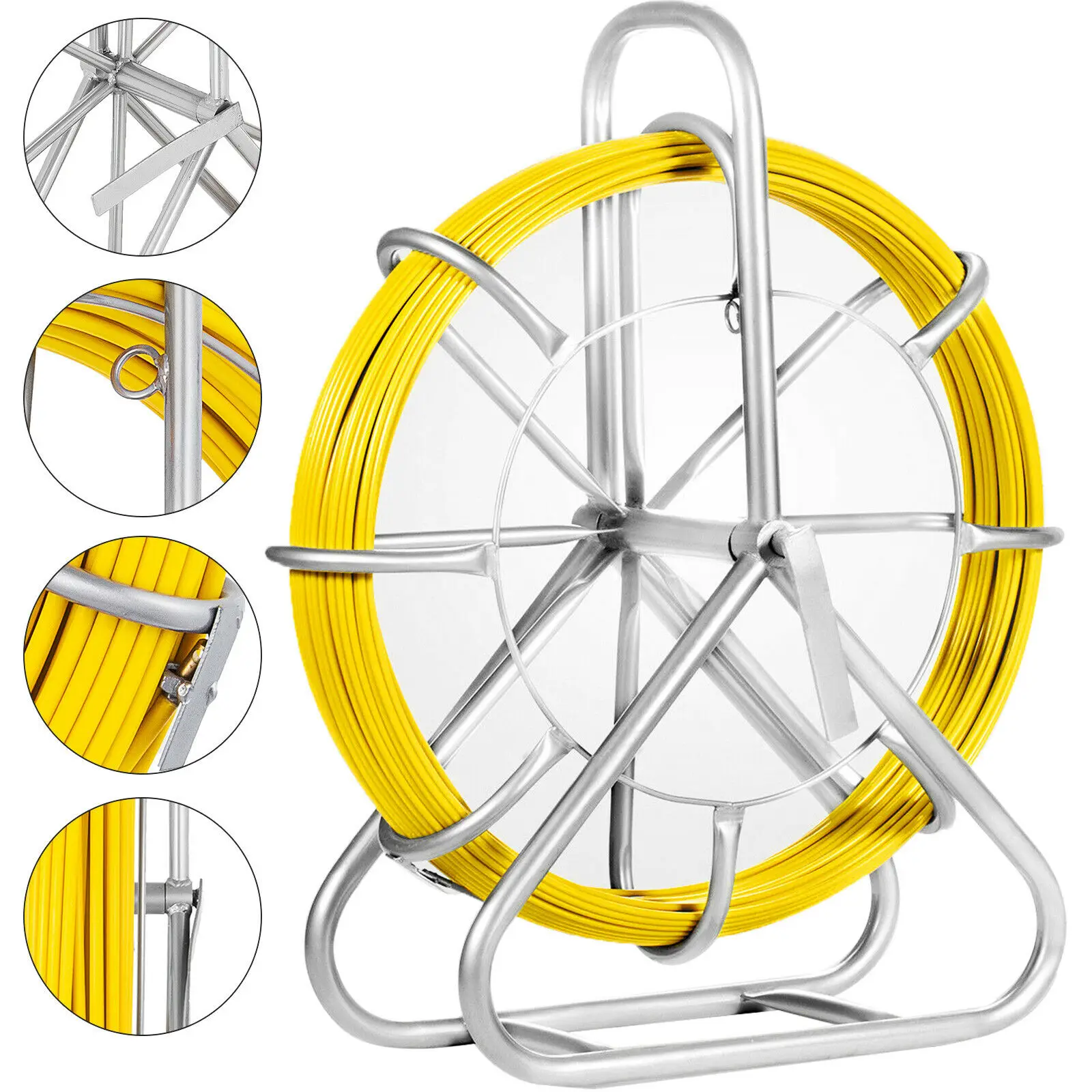VEVOR 6mm*425ft Fiberglass Duct Rodder Fish Tape Reel Wire Running Fiberglass Cable Conduit Puller with Cage Wheel Stand