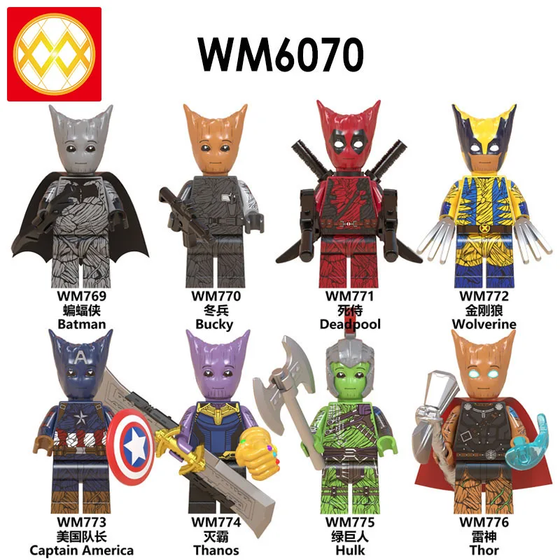 

WM6070 Avengers Captain America Thor Hulk Thanos Wolverine Deadpool Batman Tree Man Building Blocks Toys For Kids Free Shipping