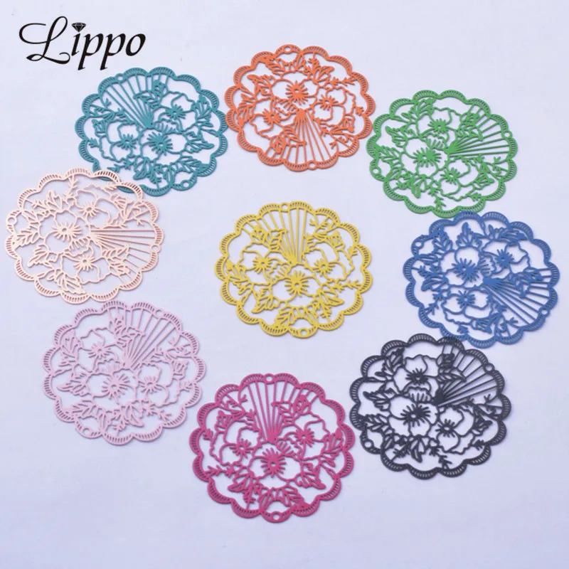 30 Stück AD3118 35mm lackiertes Messing in Silberfarbe, chinesischer Stil, Stickmuster-Blumen-Anhänger, filigrane Schmuckteile für Ohrringe
