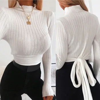 

Women Long Sleeve Knitted Tops Back Bowknot Bandage Bodycon Elastic Crop Top hh88