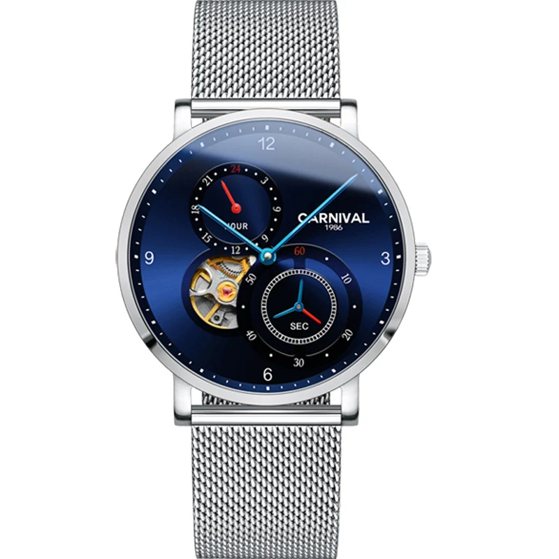 Silver Blue Карнавальные автоматические часы мужские модные механические часы с турбийоном маленький Второй Циферблат 24 часа дисплей сапфировый Montre homme - Цвет: Silver Blue