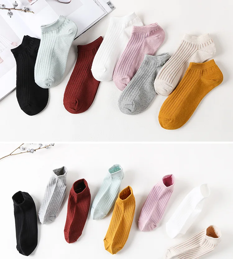 Spring And Summer-Solid Color Women’s Boat Socks Vertical Striped Candy-Colored Socks Cotton Short Socks Low Top Socks Women's