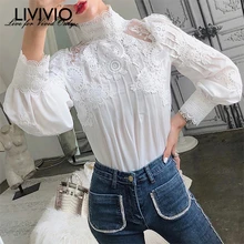 [LIVIVIO] сетчатая кружевная Лоскутная Женская рубашка со стоячим воротником и рукавами-фонариками, модные женские блузки, осенняя корейская модная одежда