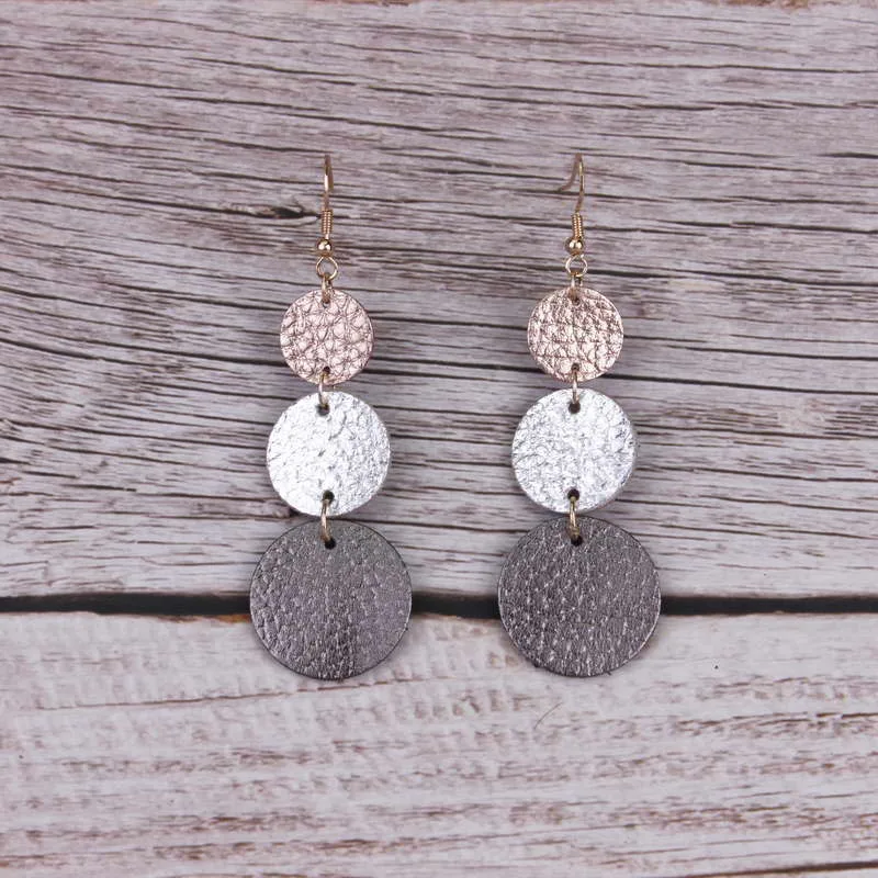 

Triple Round Leather Joint Drop Earrings Multicolor Genuine Leather Drop Earrings for Women Long Earrings Jewelry