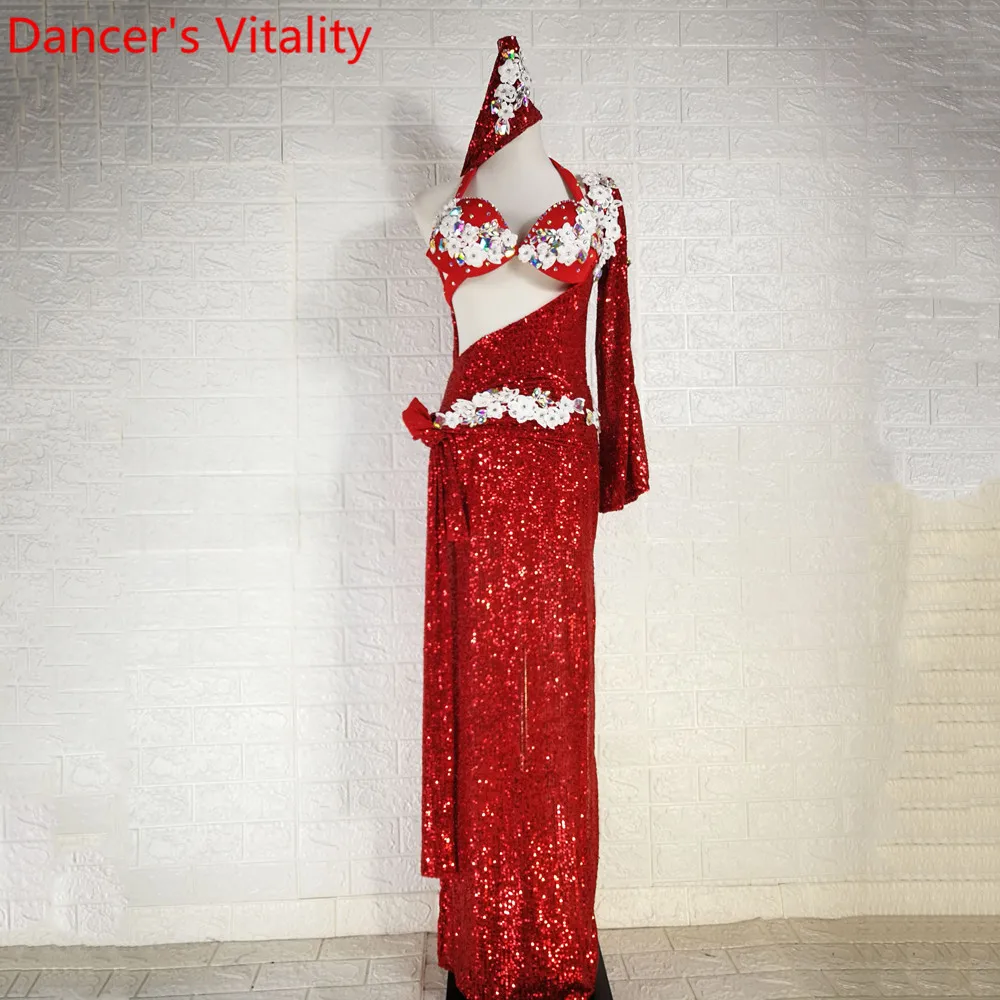 Women Belly Dance Group Performance Costume Bra Belt Headband Sequin Single Sleeve Robe Drum Oriental Indian Dancing Stage Wear |