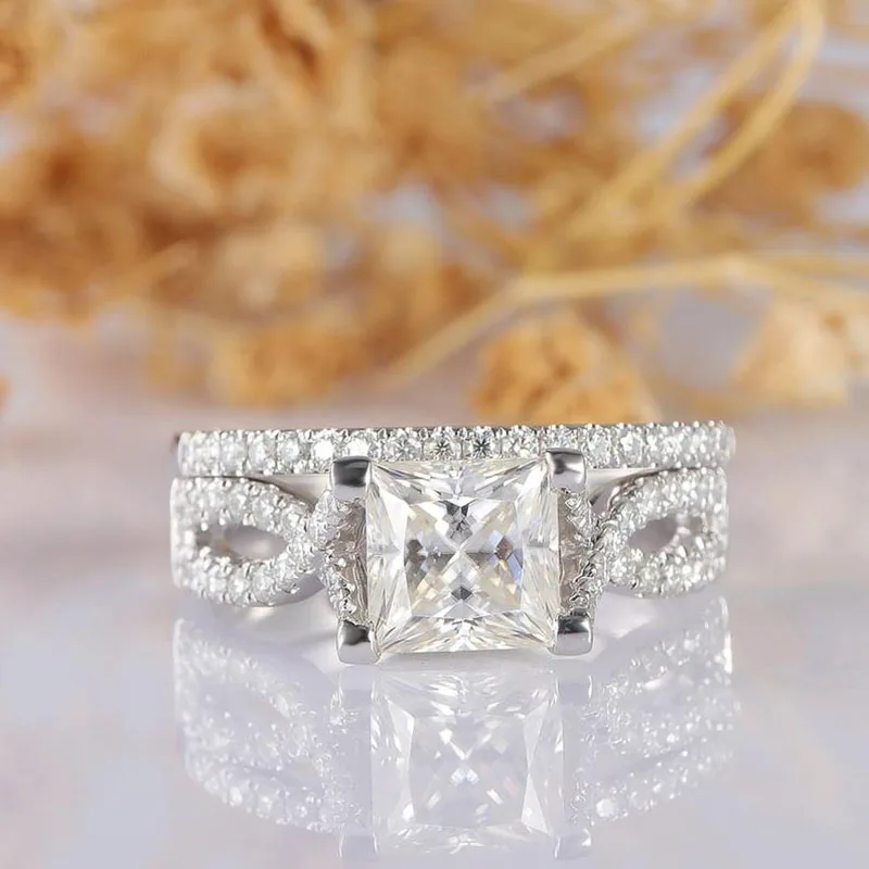 Veryins 14K 585 White Gold 1CT Princess Cut Moissanite Twist Band Engagement Ring Bridal Set for Women Wedding Gift | Украшения и