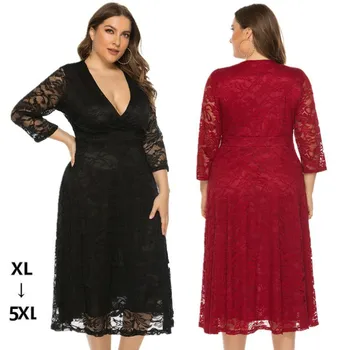 

QMGOOD Women Spring Party Dress Elegant Lace Dress Plus Size Women Clothing Black Tunic Spring Sexy Dress Ages 35-45 Years Old