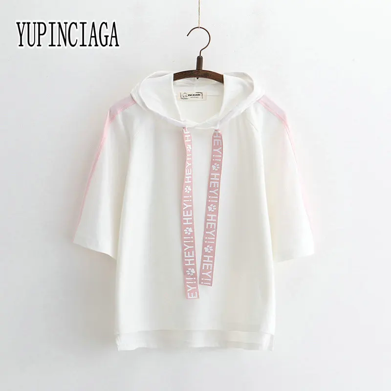 

YUPINCIAGA Fashion Women Patchwork Hooded Preppy Style Loose Cotton Pullover Bat Style Five-point Sleeve Short-sleeved T-shirt