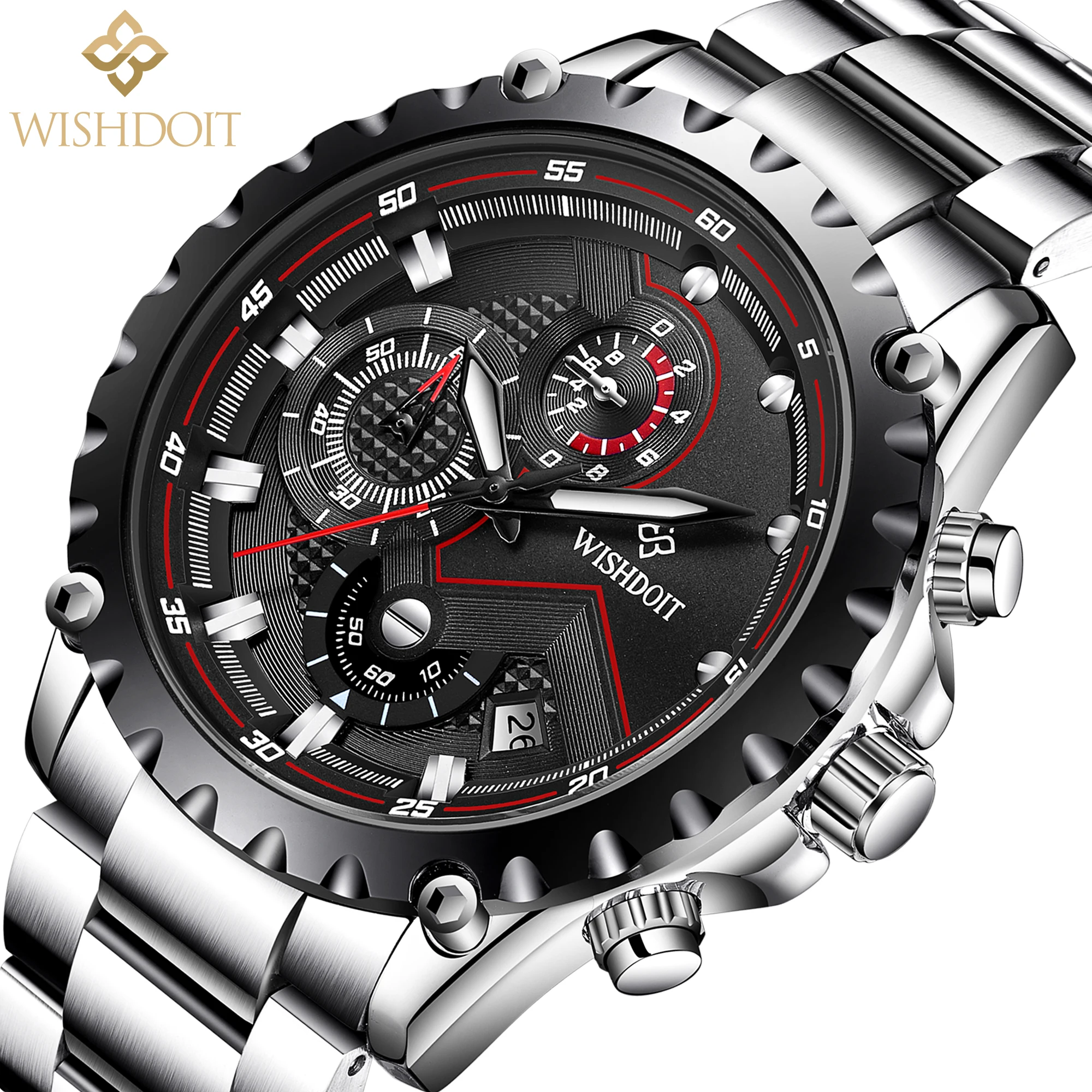 WISHDOIT Men's Watch Top Brand Luxury Stainless Steel Luminous Waterproof Quartz Watch Men's Fashion Chronograph Sports Watch afbeelding