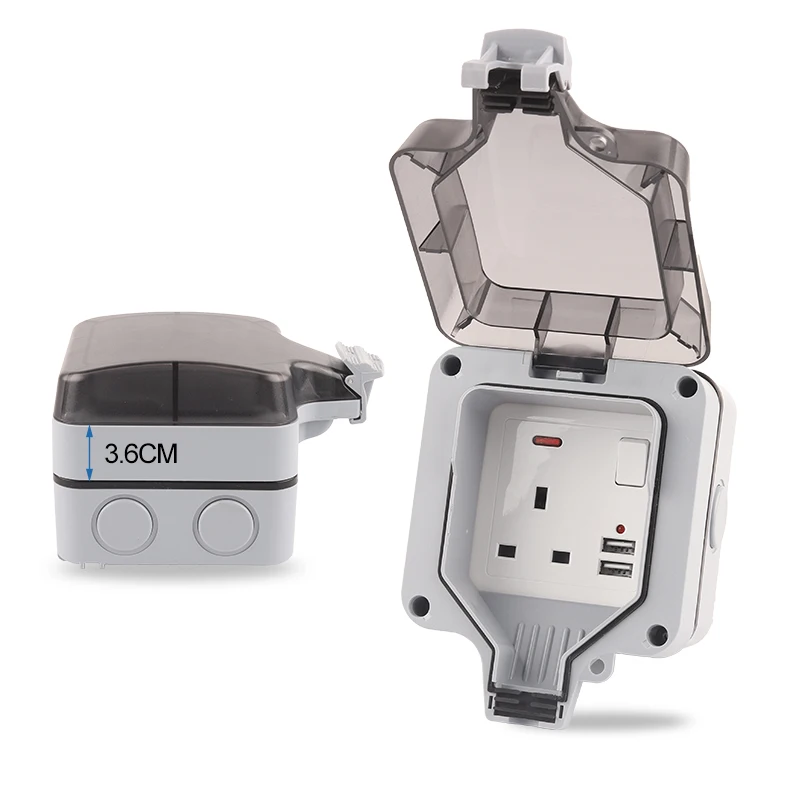 

IP66 British Standard Switched Outlet Upgraded Safer large plug Waterproof Outdoor Box Wall Power Socket With USB 13A Outlet