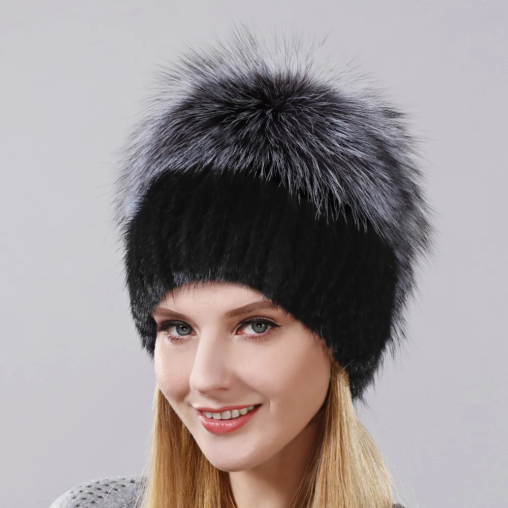 

Winter Warm New Real Mink Hat Fox Strip Horizontal Suture Woman's Skis Hat Fur Hooded Hat High Quality Silver Fox Fur Warm Cap