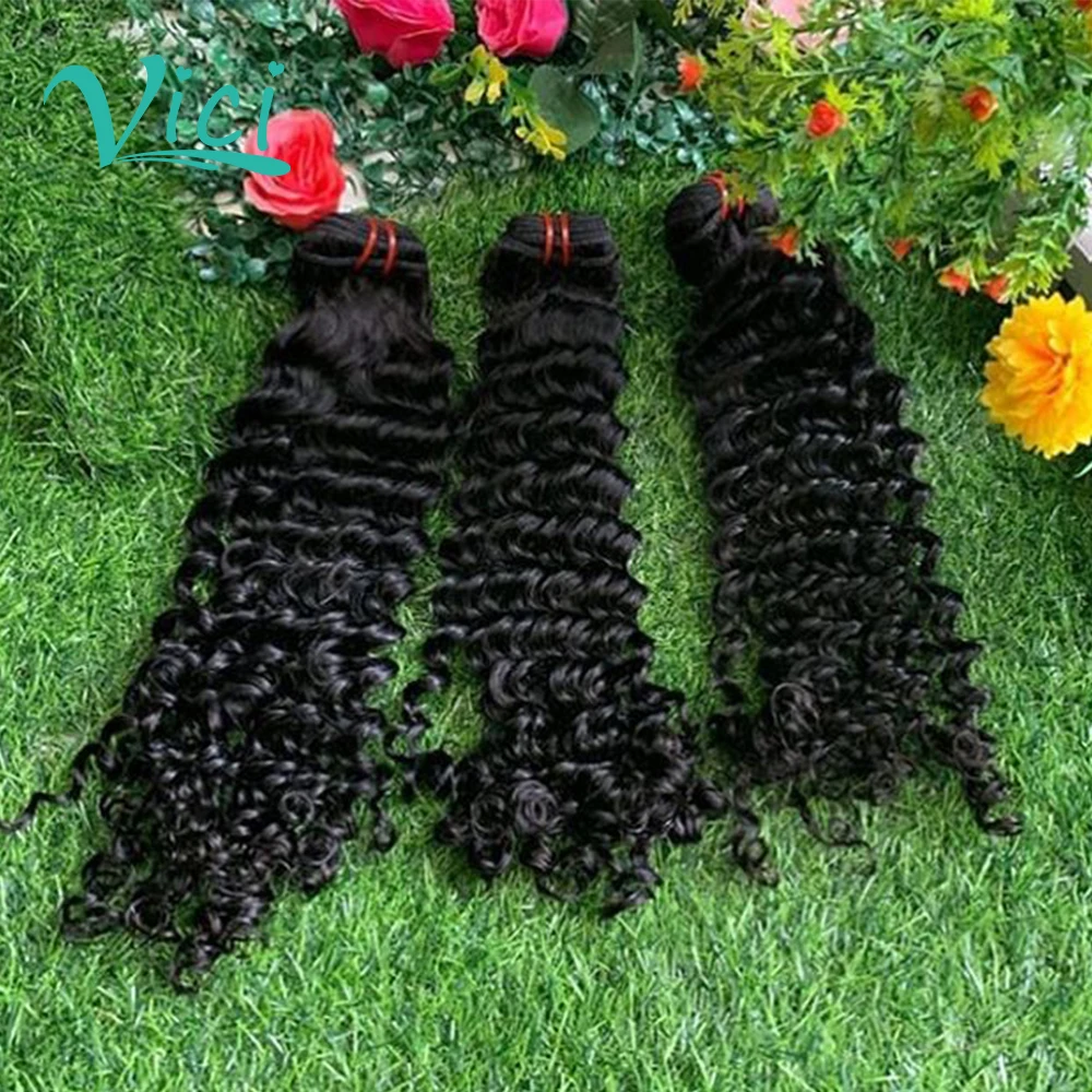 Vici Deep Curly Human Hair Weave Bundles With Free Part Remy Closure