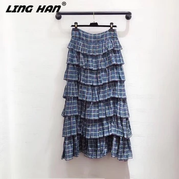 

LINGHAN Fashion Plaid Tiered Ruffles silk Skirts High quality cotton party Skirt Designer Autumn Winter New