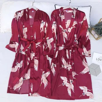 

Autumn New Lovers Nightgown Silk Satin Comfort Thin Sleepdress+Robe 2pcs Elegant Crane Printed Sexy Dress For Men And Women