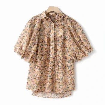 

Women Shirt Floral Print Lantern Sleeve Turn-down Collar Blouse Top