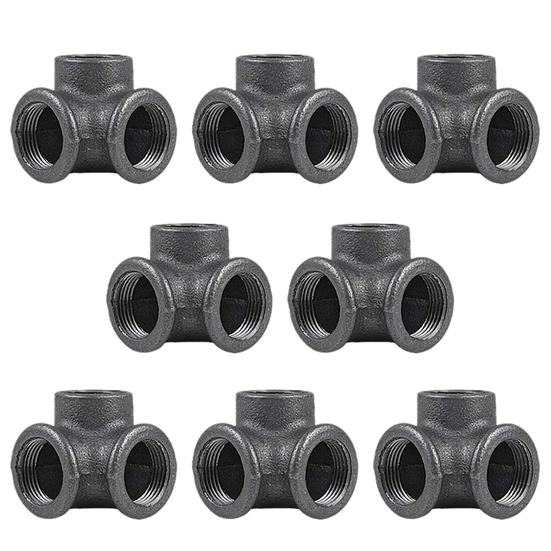 

8 Pcs Side Outlet Tee, 3 Way Corner Pipe Fitting Malleable Iron, Industrial Steel Grey, Threaded Pipe Nipples for Tables, Chairs
