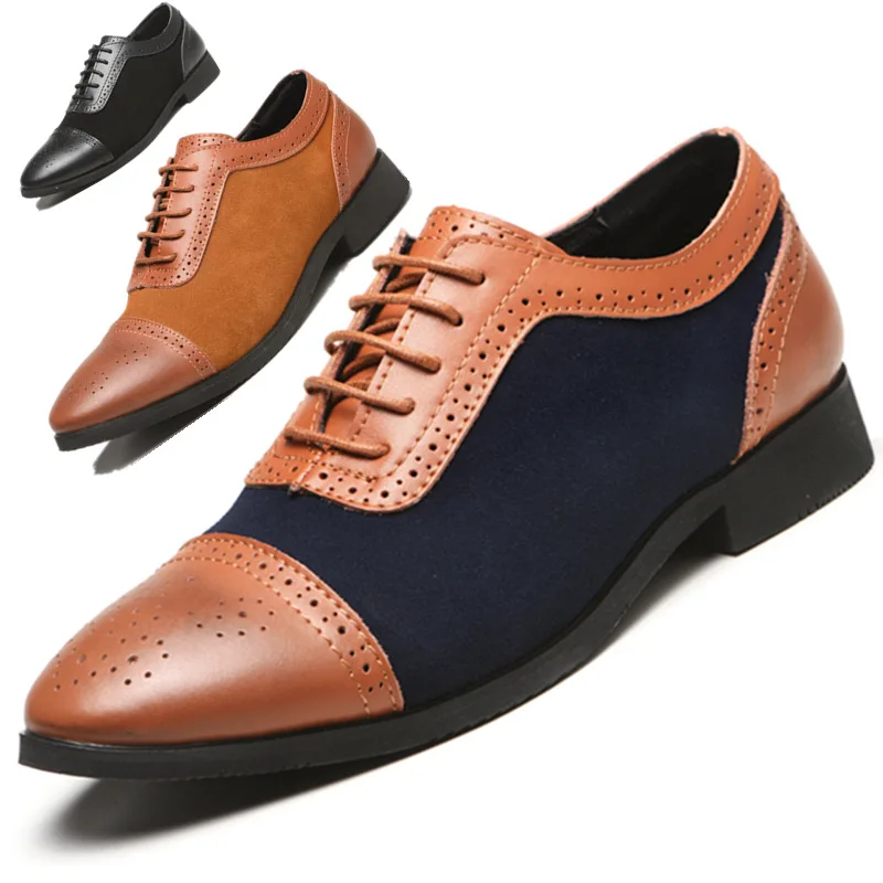 

39~48 Classic Patchwork Oxford Brogue Shoes Men Italian Formal Wedding Suit Leather Shoe Pointed Toe Lace Up Flat Dress Shoes