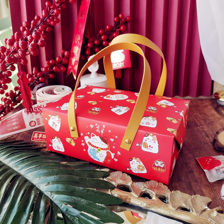 10PCS Happy lucky Cat Portable Paper Box Baking Tea Box Red Leather Handle box Wedding birthday gift holiday packaging Handbag 10PCS Happy lucky Cat Portable Paper Box Baking Tea Box Red Leather Handle box Wedding birthday gift holiday packaging Handbag