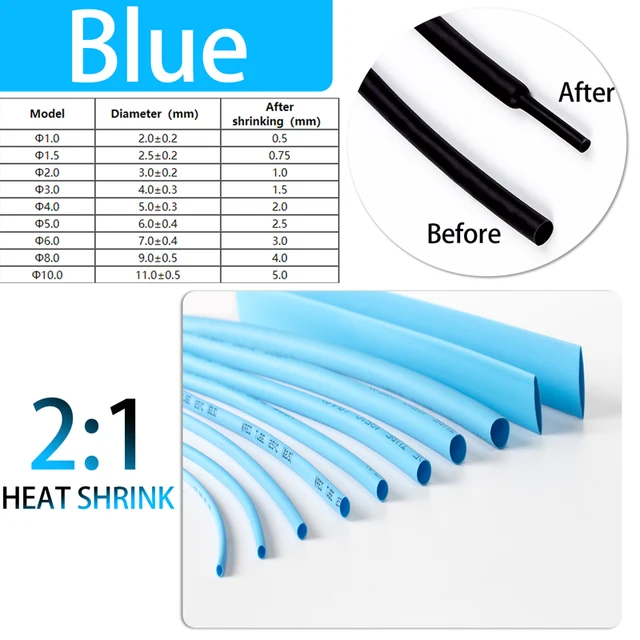 5 Meter 2:1 Black Red Green Blue Yellow 1 2 3 5 6 8 10mm Diameter Heatshrink Tubing Tube Sleeving Wrap Wire DIY Connector Repair Blue