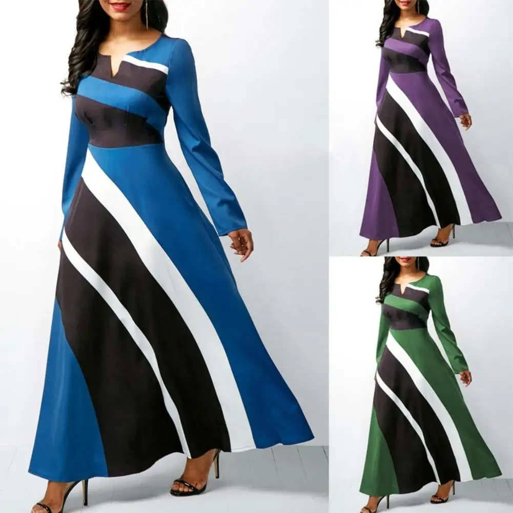 

Casual Women Long Sleeve V Neck Diagonal Stripes Print Loose Party Maxi Dress Sexy Winter Maxi Party Long Autumn Bodycon Dress E