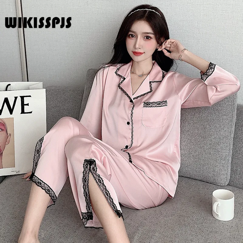 

WIKISSPJS 2022 Autumn Light Luxury Pajamas Women's Ice Silk Long Sleeve Two piece Lace Split Women's Simulated Silk Home Clothes